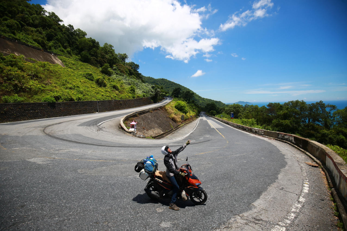 Tourists riding motorbikes on Hai Van Pass